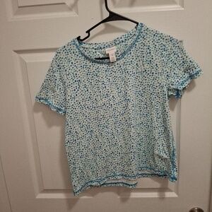 🍂3/$15 Chico's Medium‎ White Teal Polka Dot Contrast Trim Short Sleeve Top Tee